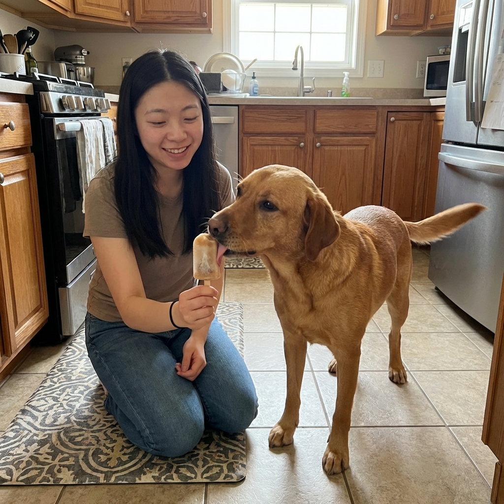 A dog licking a frozen treat on a kitchen mat with a person holding the treat steady