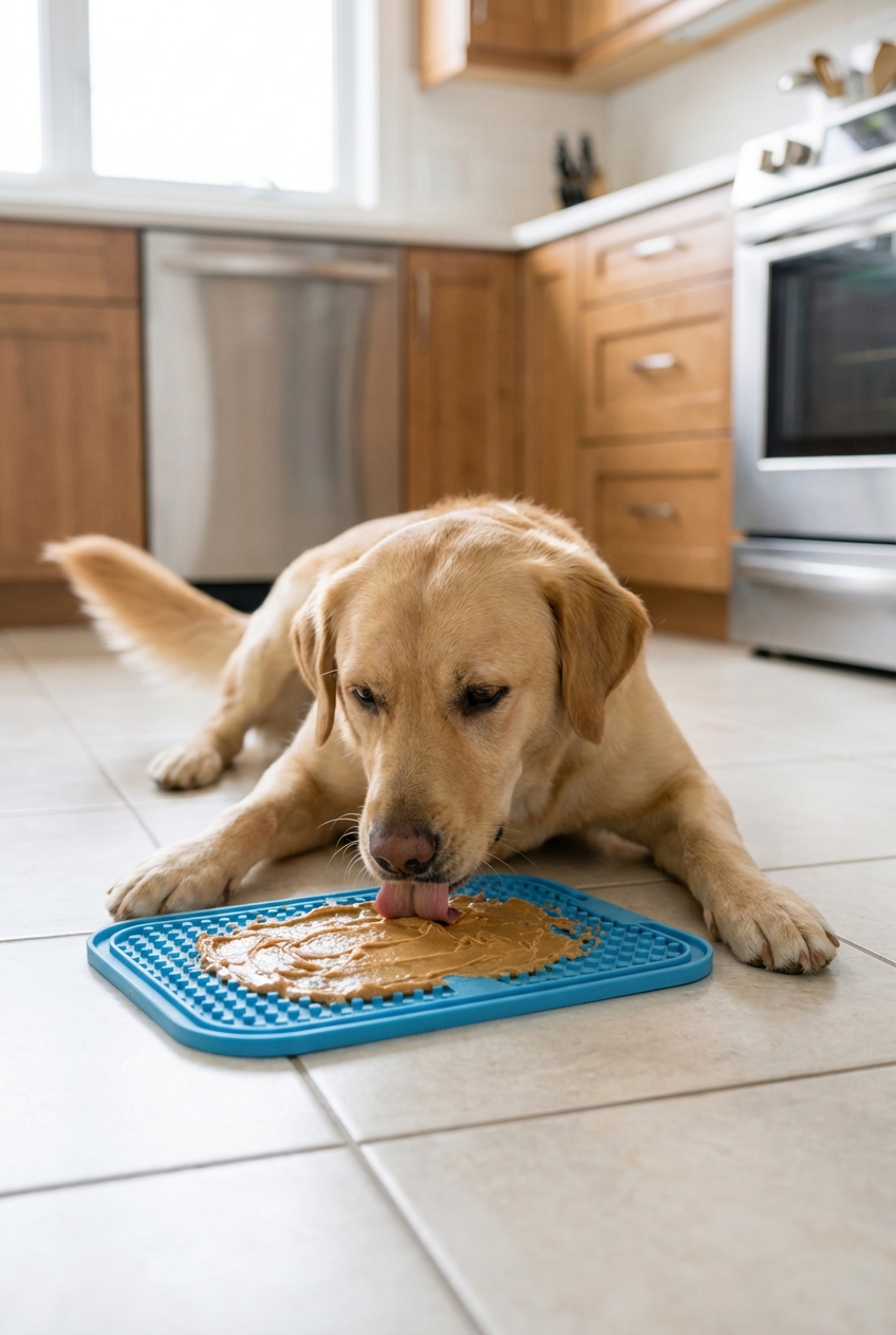 A dog licking a silicone lick mat on a kitchen floor while staying calm