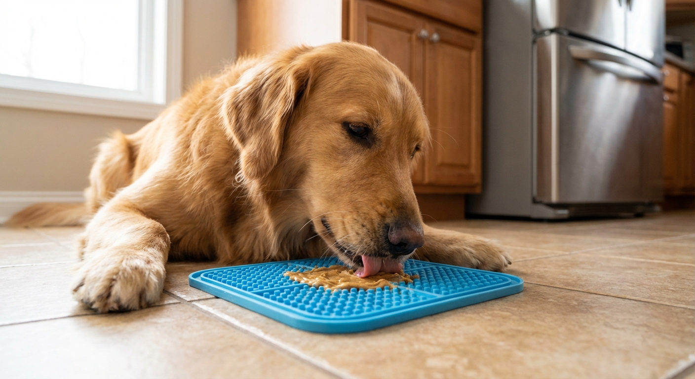 A dog licking a silicone lick mat on a kitchen floor