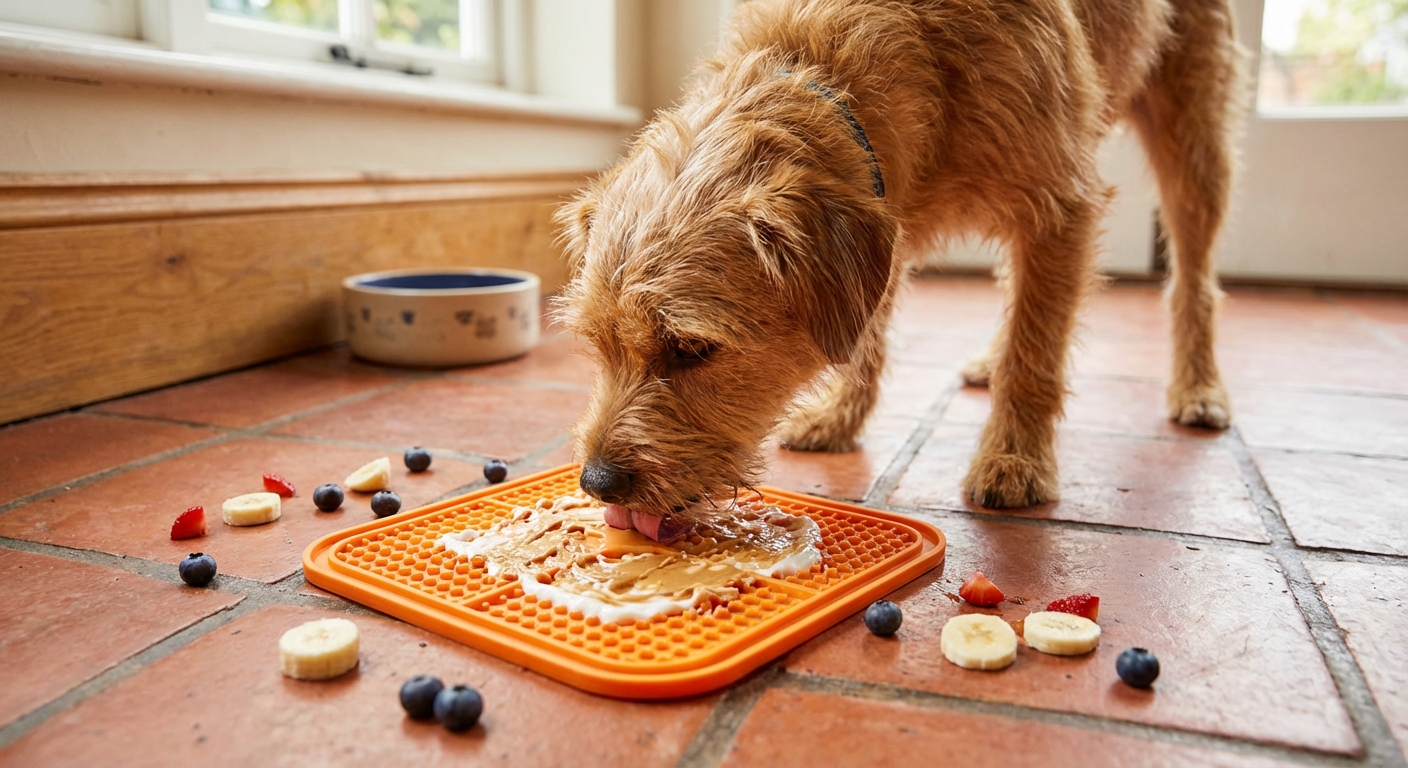 A dog licking a silicone lick mat on a kitchen tile floor with small pieces of fruit nearby