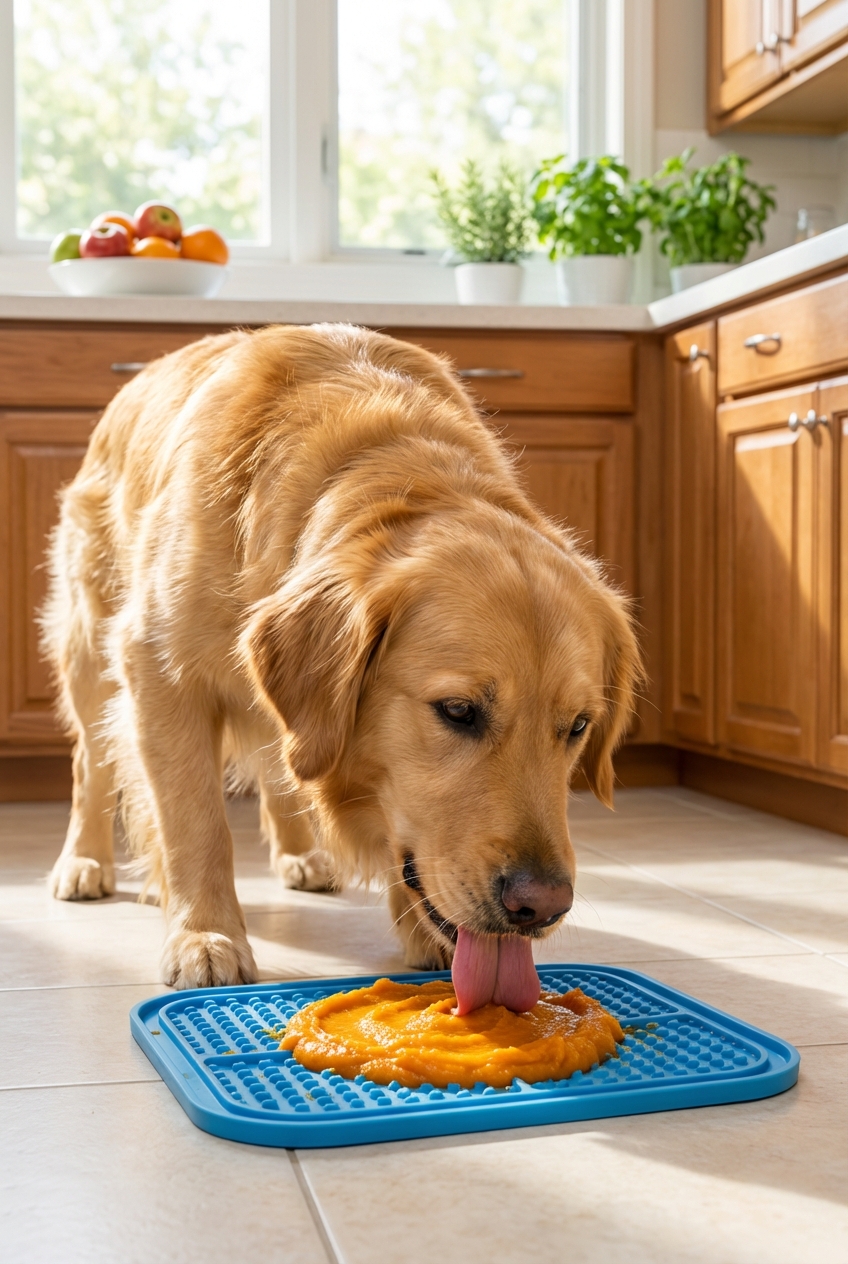 A dog licking a silicone lick mat spread with plain pumpkin puree in a bright kitchen