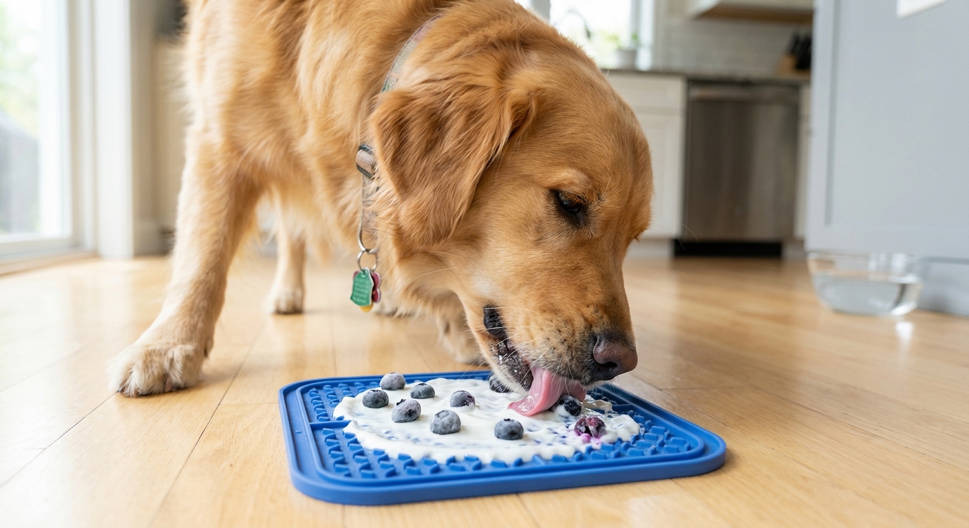A dog licking a silicone lick mat topped with a small amount of plain yogurt and a few frozen blueberries