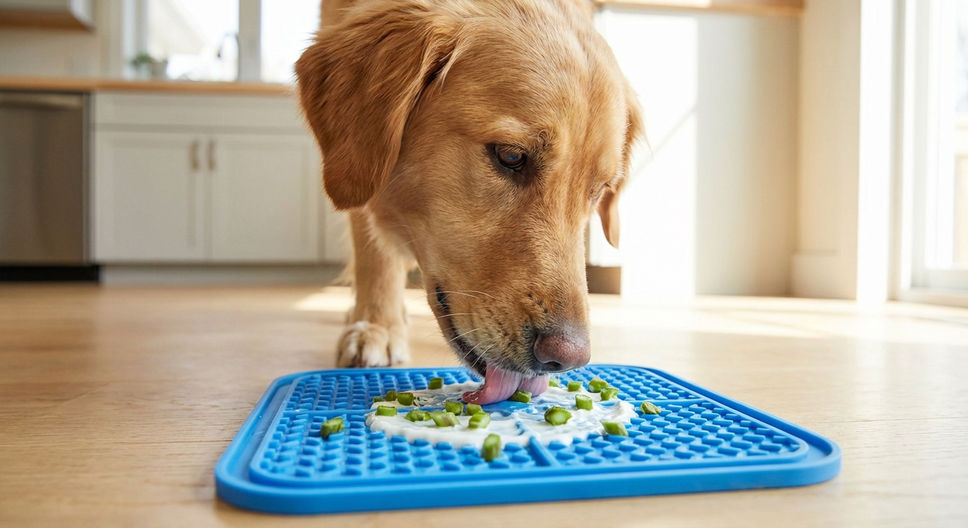 A dog licking a silicone lick mat with a small amount of plain yogurt and tiny chopped asparagus pieces