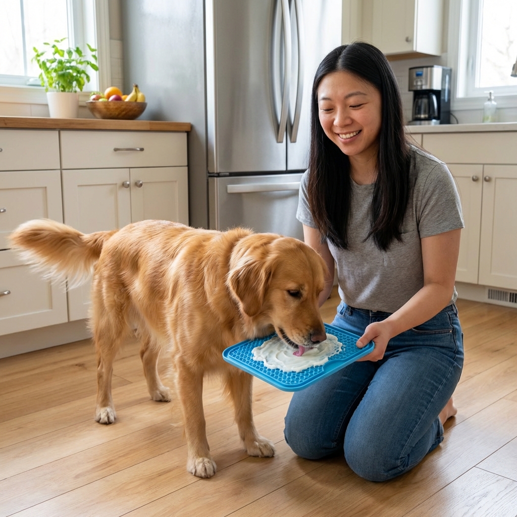 A dog licking a silicone lick mat with a small spread of plain yogurt in a home kitchen