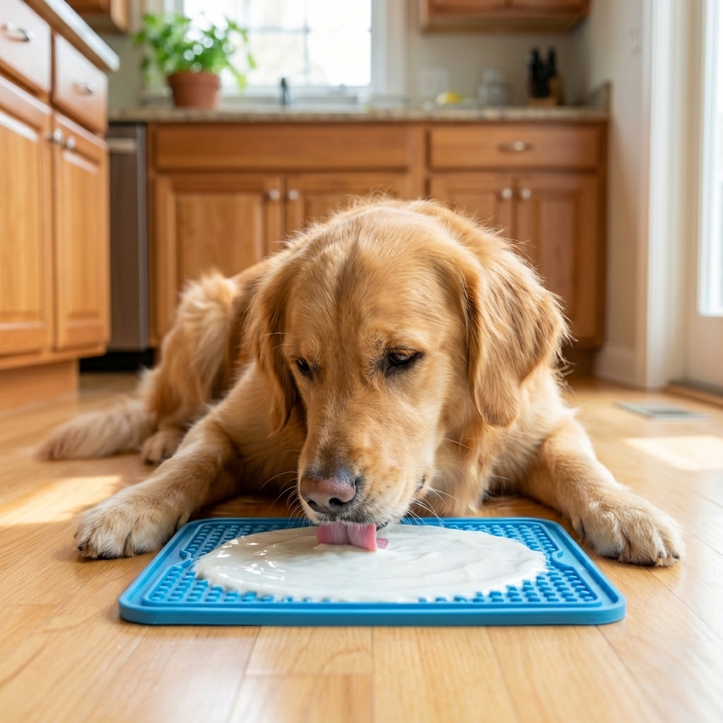 A dog licking a silicone lick mat with a thin layer of plain yogurt in a bright kitchen