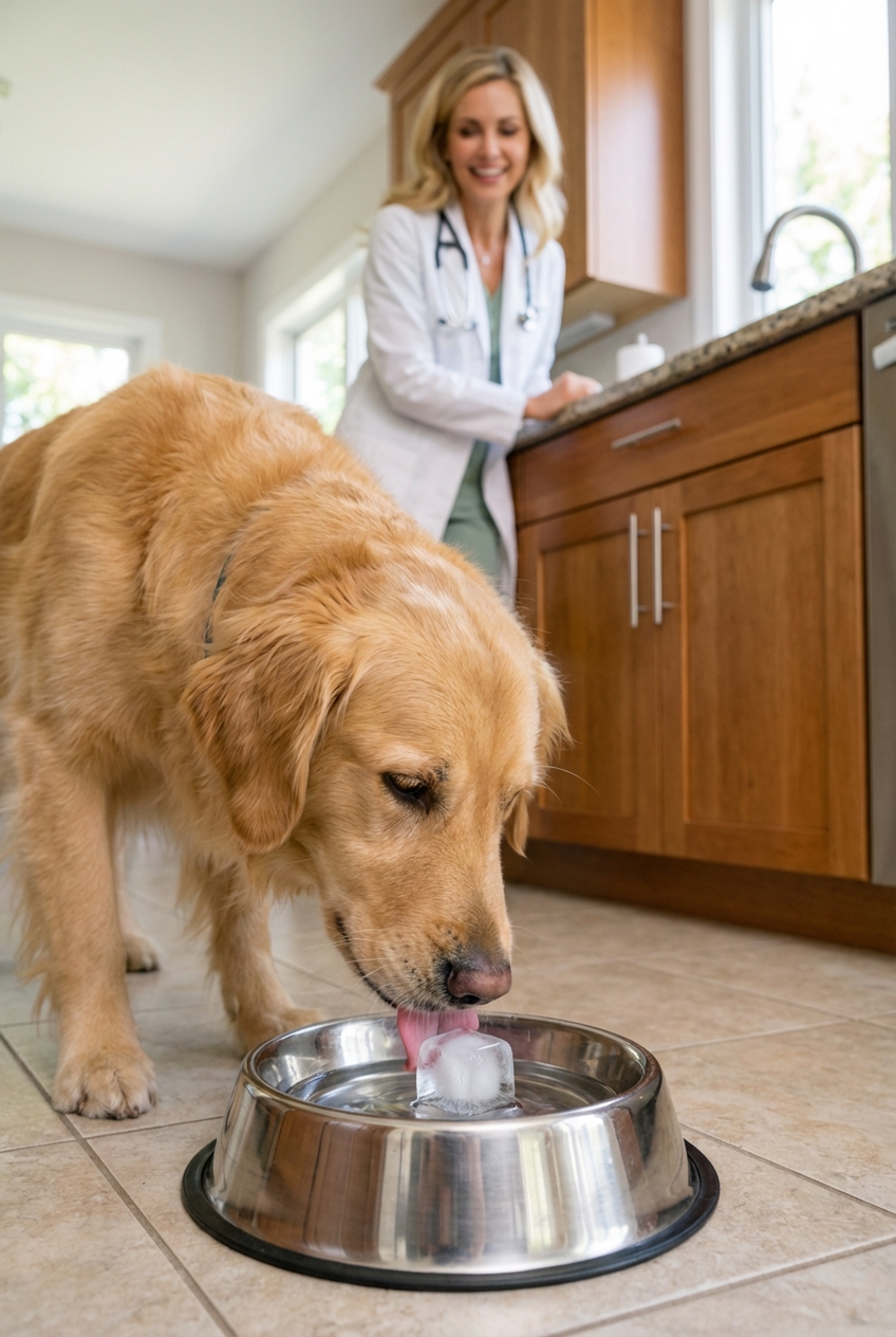 A dog licking a single ice cube from a stainless steel bowl in a kitchen
