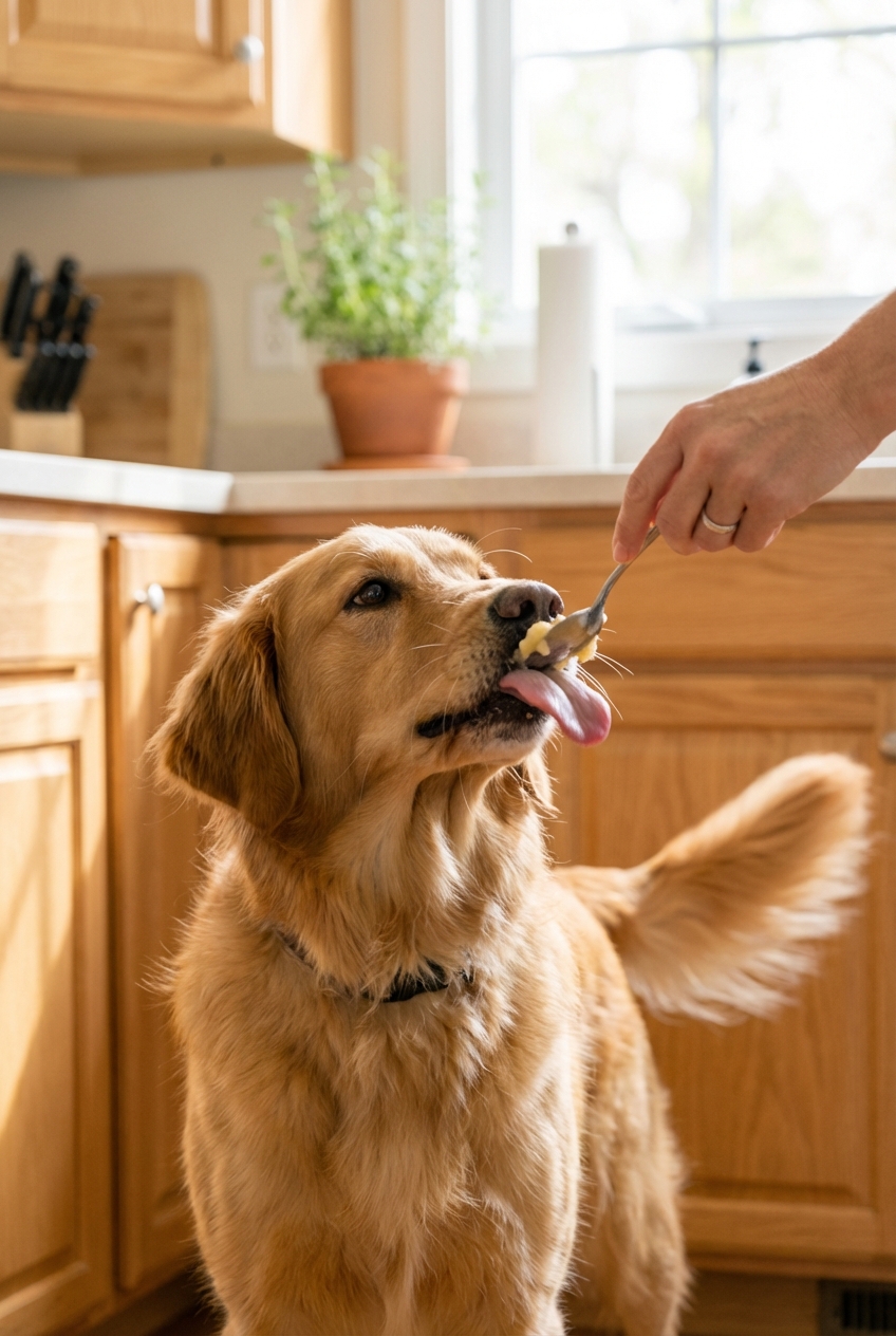 A dog licking a small amount of mashed banana from a spoon in a bright kitchen