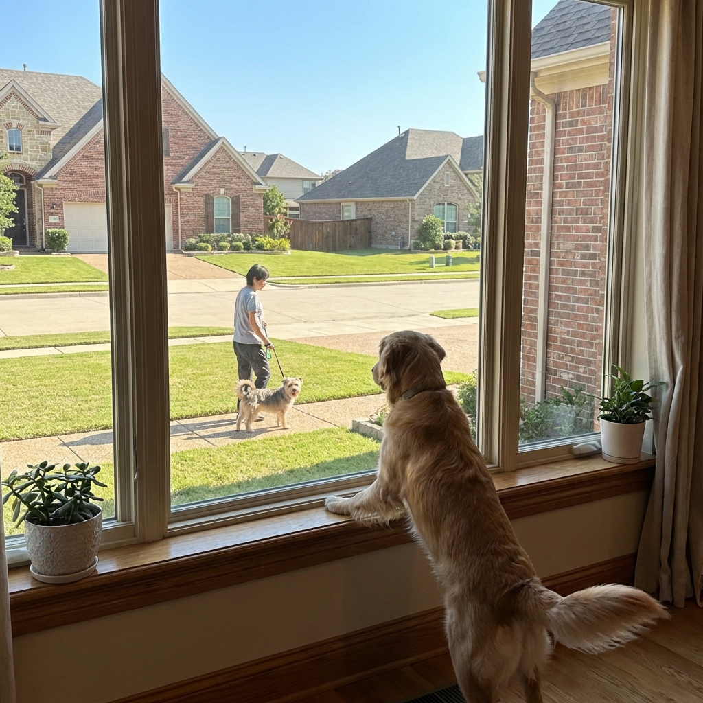 A dog looking out a front window at another dog passing by on a sidewalk