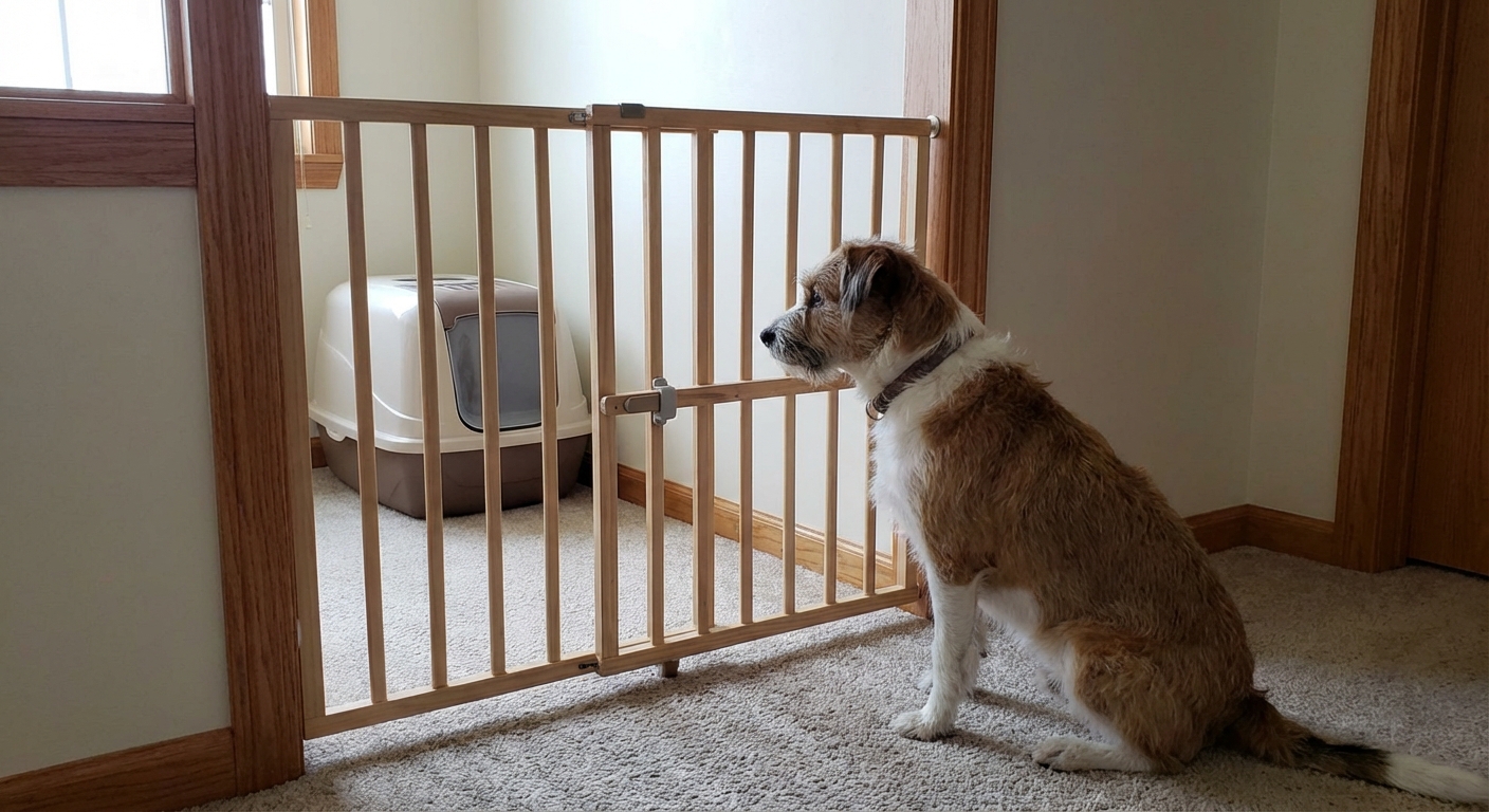 A dog looking toward a covered litter box while a baby gate blocks the doorway
