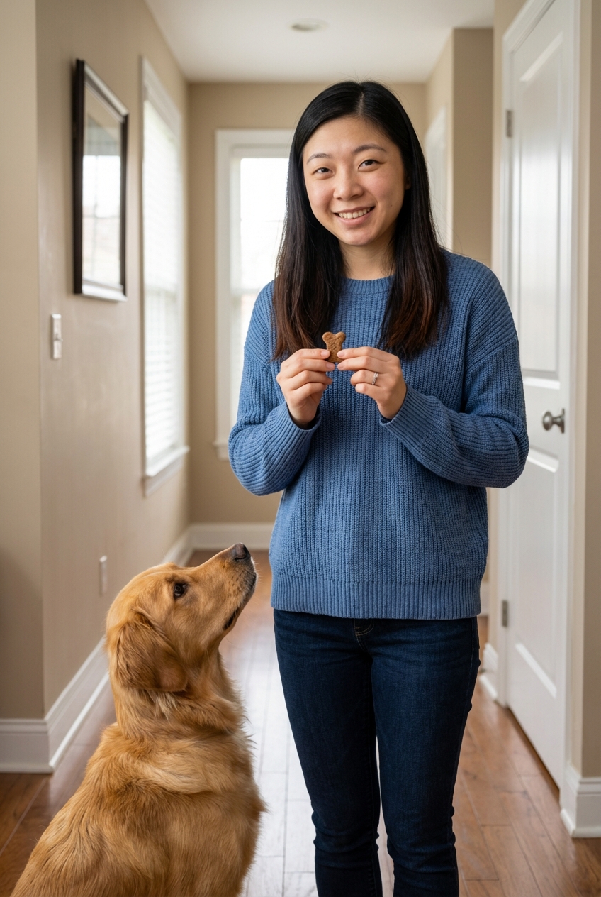 A dog looking toward an owner while the owner smiles and holds a treat at chest level in a quiet hallway