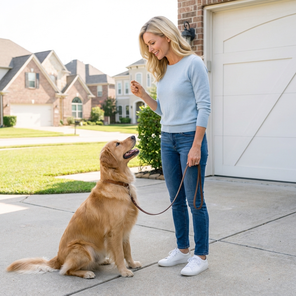 A dog looking up at a handler for a treat while standing on a leash in a quiet driveway