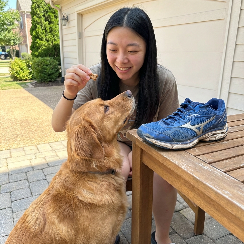 A dog looking up at a person holding a treat while a shoe rests on a nearby table