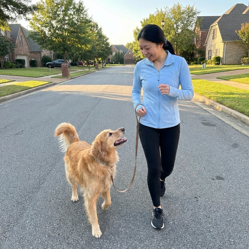 A dog looking up at a runner while jogging slowly on a quiet suburban street