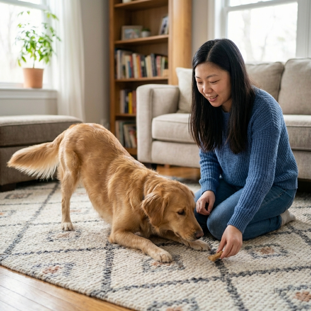A dog lowering into a down position while following a treat held close to the floor