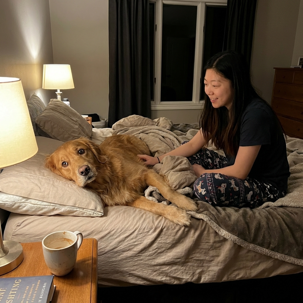 A dog lying awake on a bed at night with wide eyes while a person sits nearby