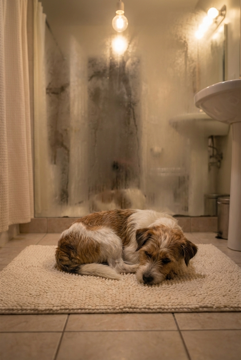 A dog lying calmly on a bathroom mat while steam fogs a bathroom mirror