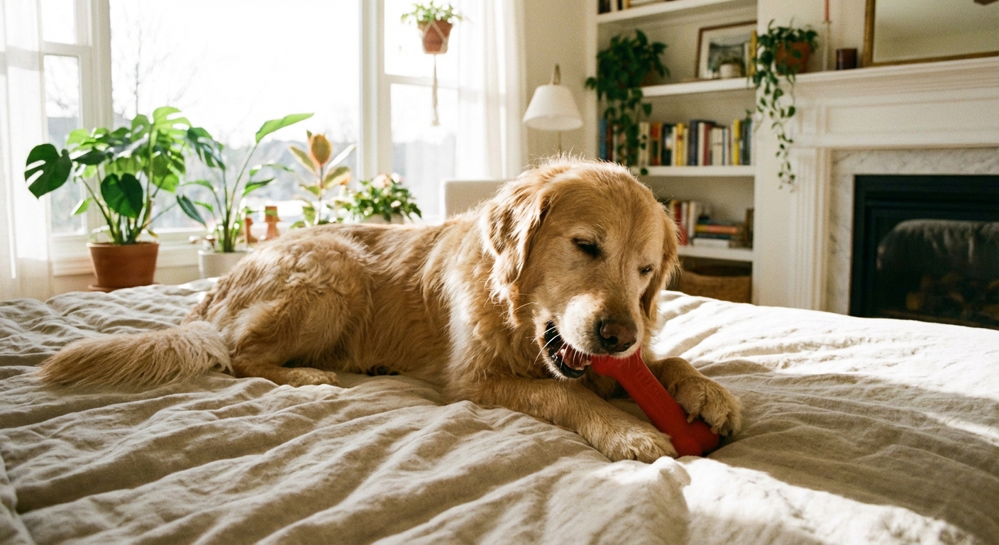 A dog lying calmly on a bed while chewing a rubber treat toy in a bright living room