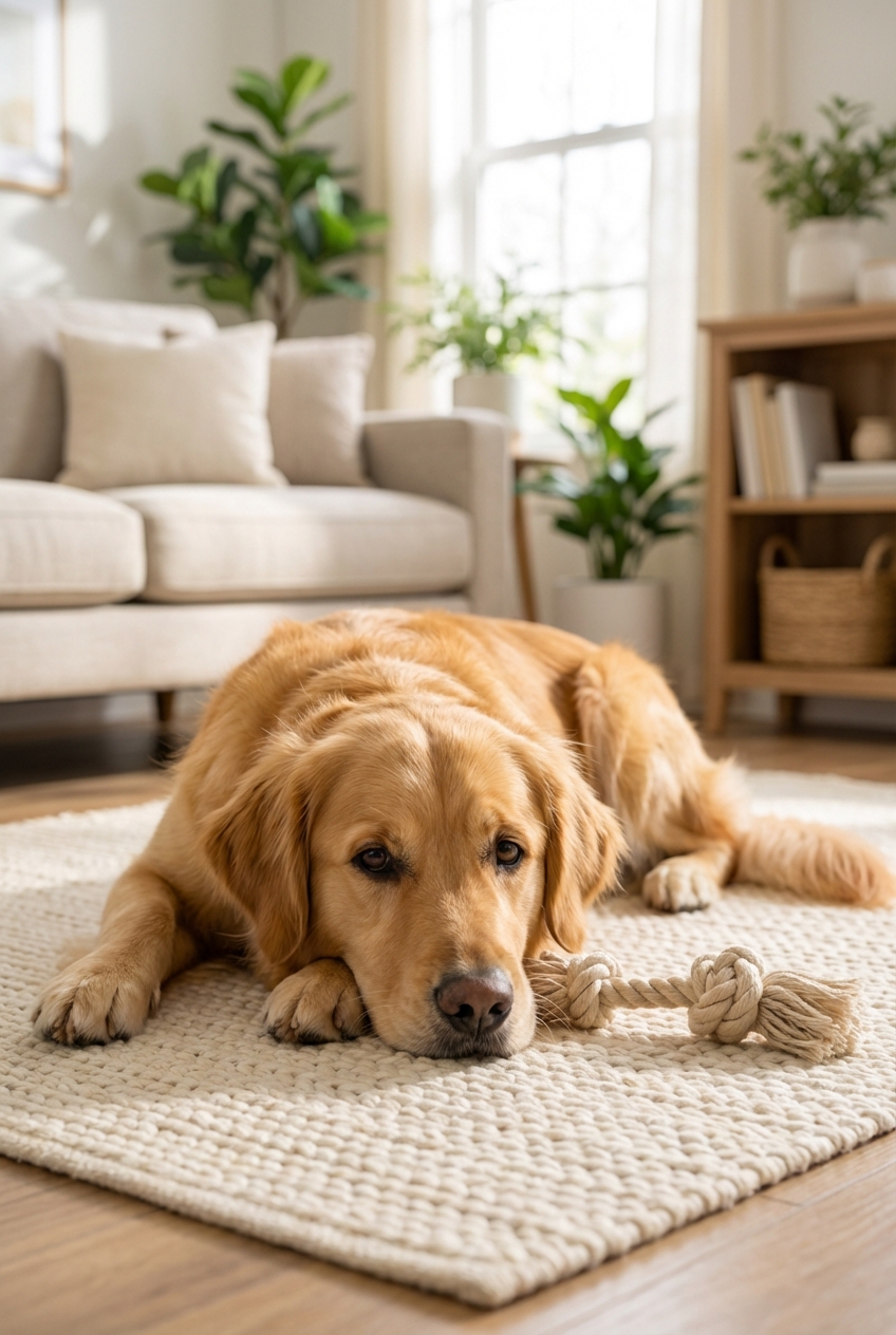 A dog lying calmly on a mat in a living room with a chew toy nearby