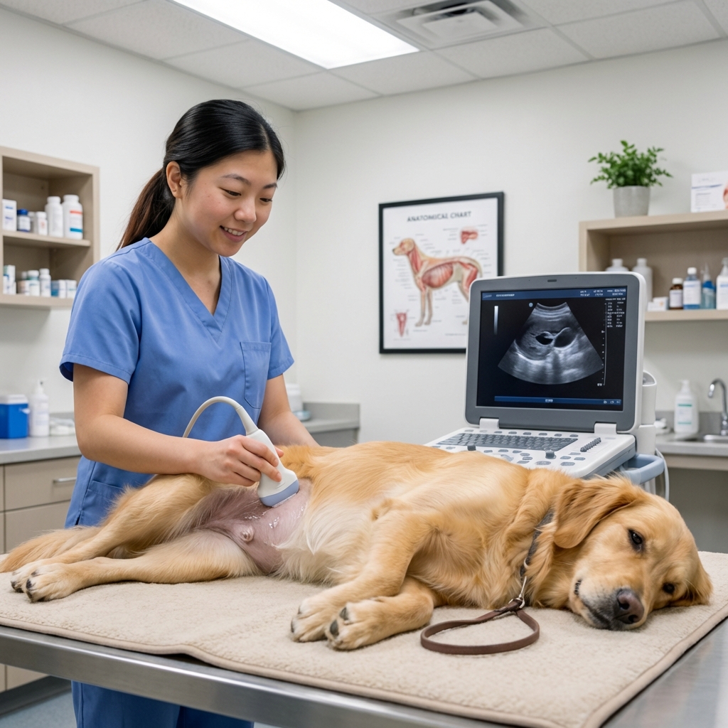 A dog lying calmly on a padded table while a veterinary technician performs an abdominal ultrasound