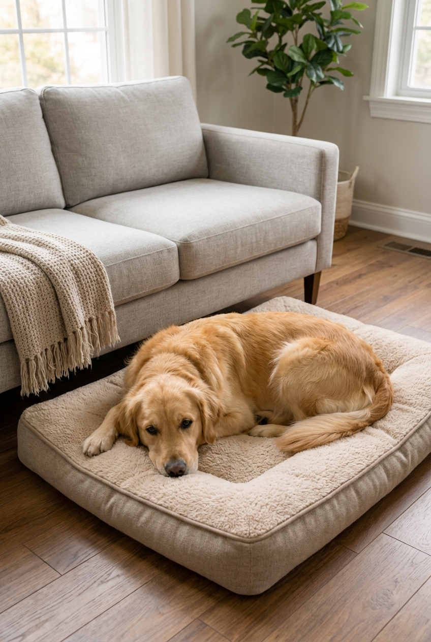 A dog lying calmly on a plush dog bed beside a couch in a tidy living room