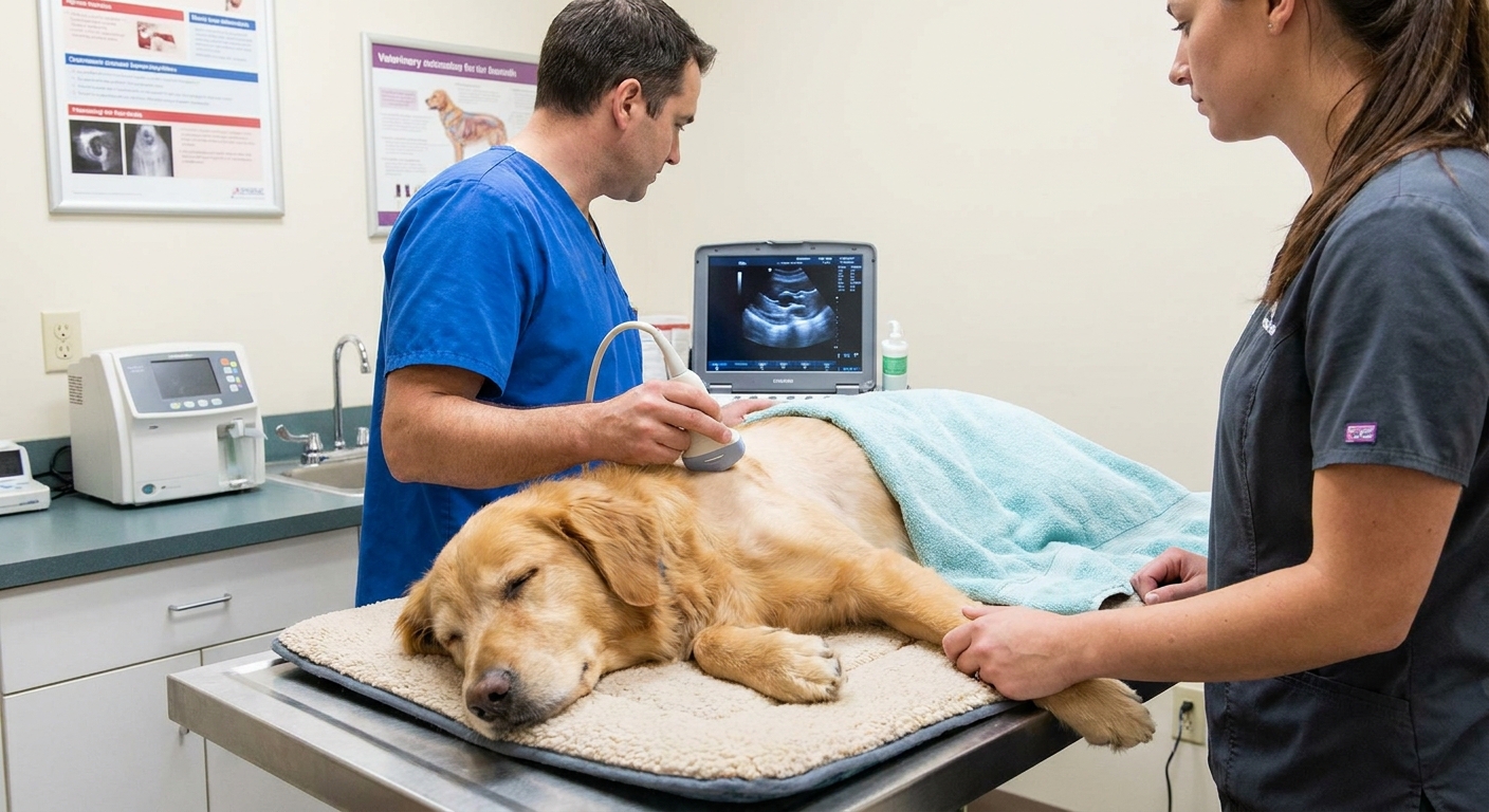 A dog lying calmly on its side while a veterinarian performs an echocardiogram with an ultrasound probe in a clinic