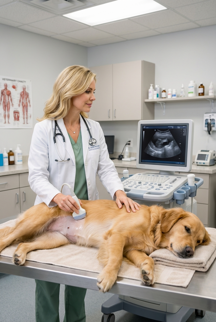 A dog lying calmly while a veterinarian performs an abdominal ultrasound