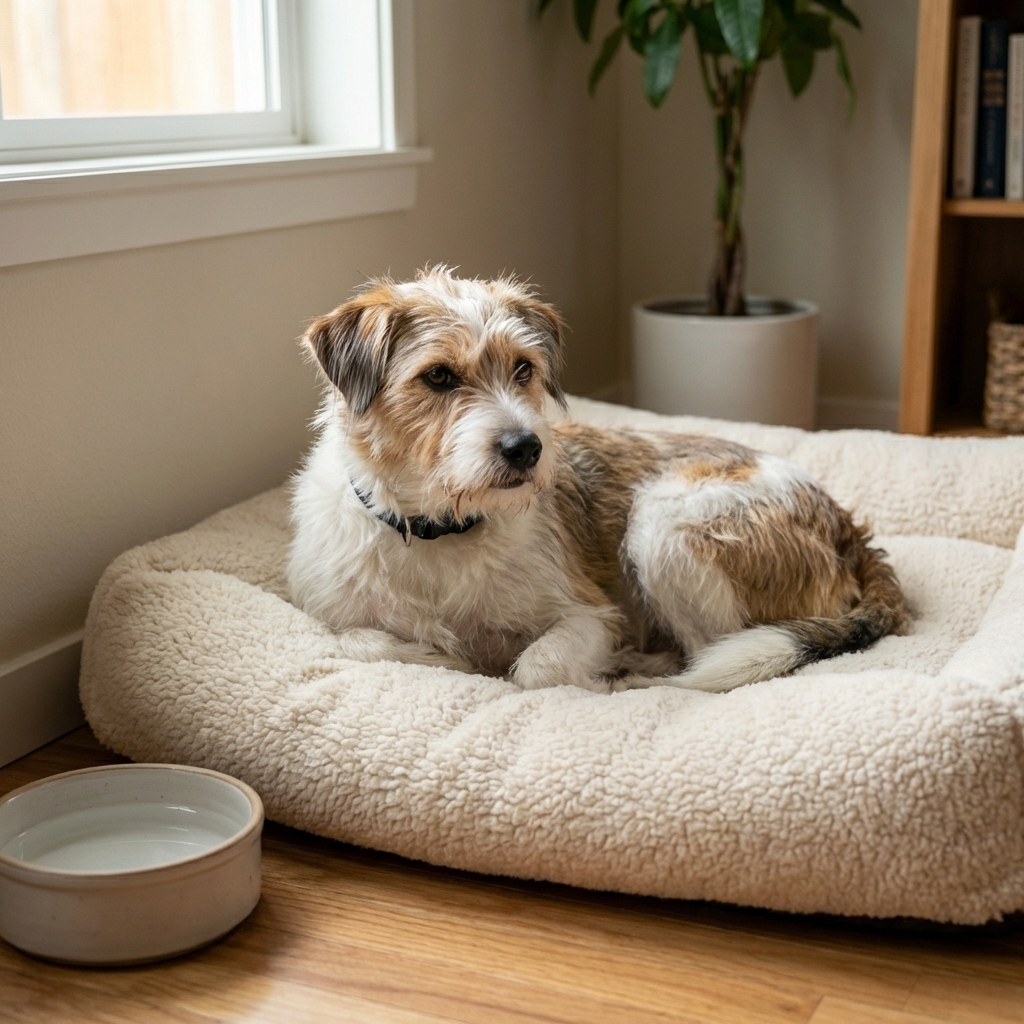 A dog lying comfortably on a plush bed in a quiet corner of a home with a water bowl nearby