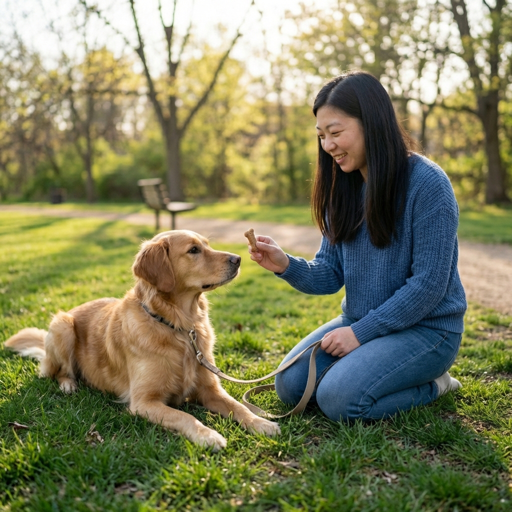 A dog lying down calmly on a leash in a quiet park while a person rewards with a treat