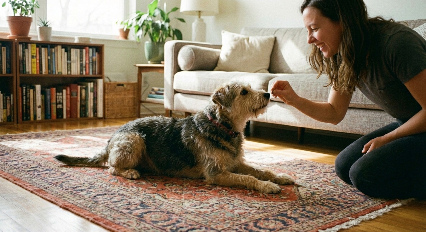 A dog lying down on a carpet while an owner holds a small treat close to the dog’s nose to start a lure