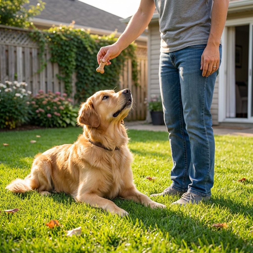A dog lying down on a grassy backyard lawn while looking up at a person holding a treat