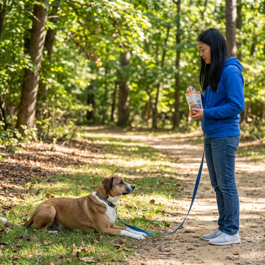 A dog lying down on a leash in a quiet park while a handler stands a few feet away holding treats