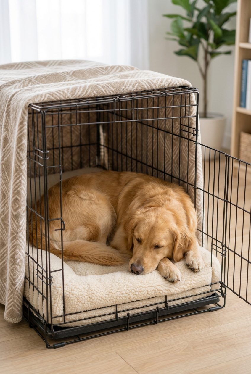 A dog lying in a cozy covered crate with soft bedding in a quiet room