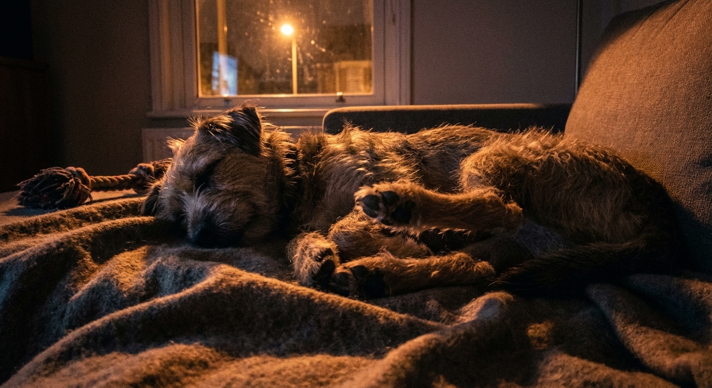A dog lying on a blanket at night with slight paw twitching during sleep, low light indoor photo, photorealistic