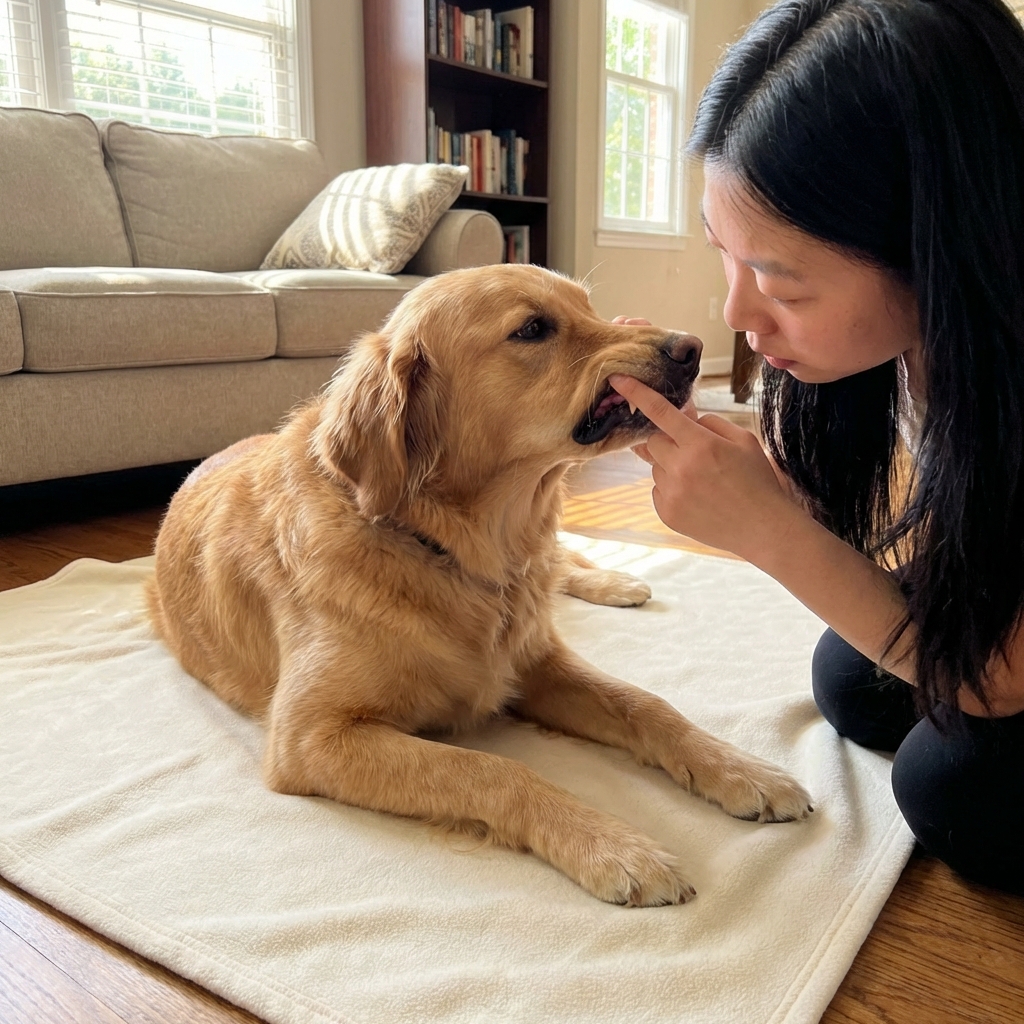 A dog lying on a clean blanket while an owner gently checks the dog’s gum color