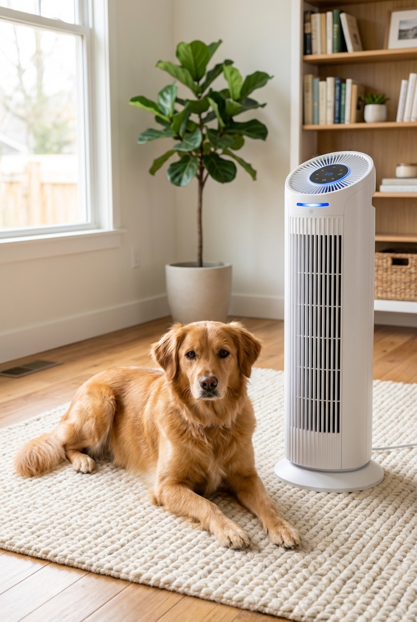A dog lying on a clean living room rug next to an air purifier