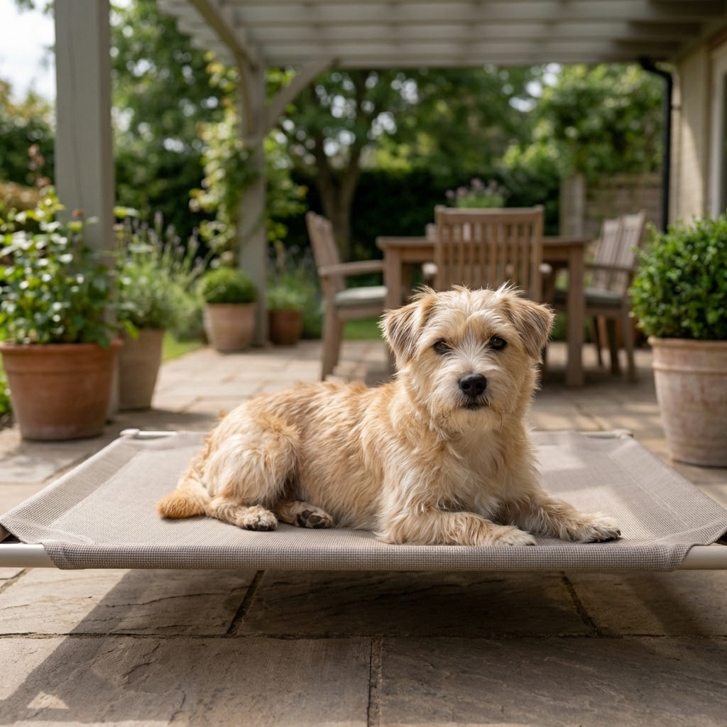 A dog lying on a clean outdoor dog bed on a shaded patio