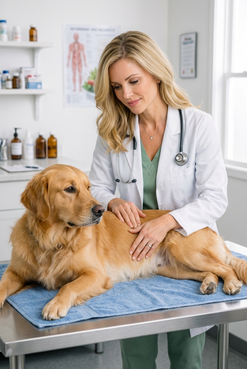 A dog lying on a clinic exam table while a veterinarian gently checks the dog’s abdomen