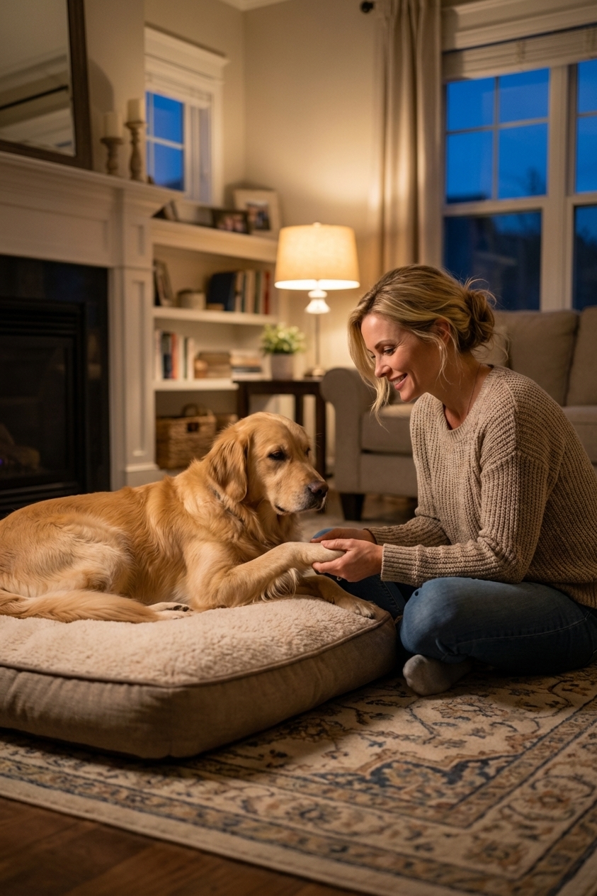 A dog lying on a cushioned bed while an owner sits beside the bed holding the dog’s paw, calm indoor evening light, photorealistic