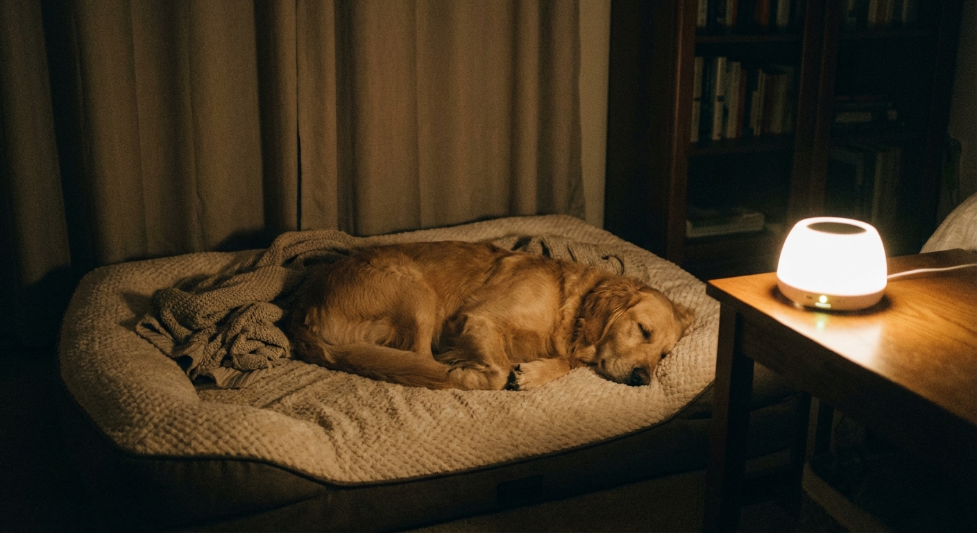 A dog lying on a dog bed in a dim room near a white noise machine