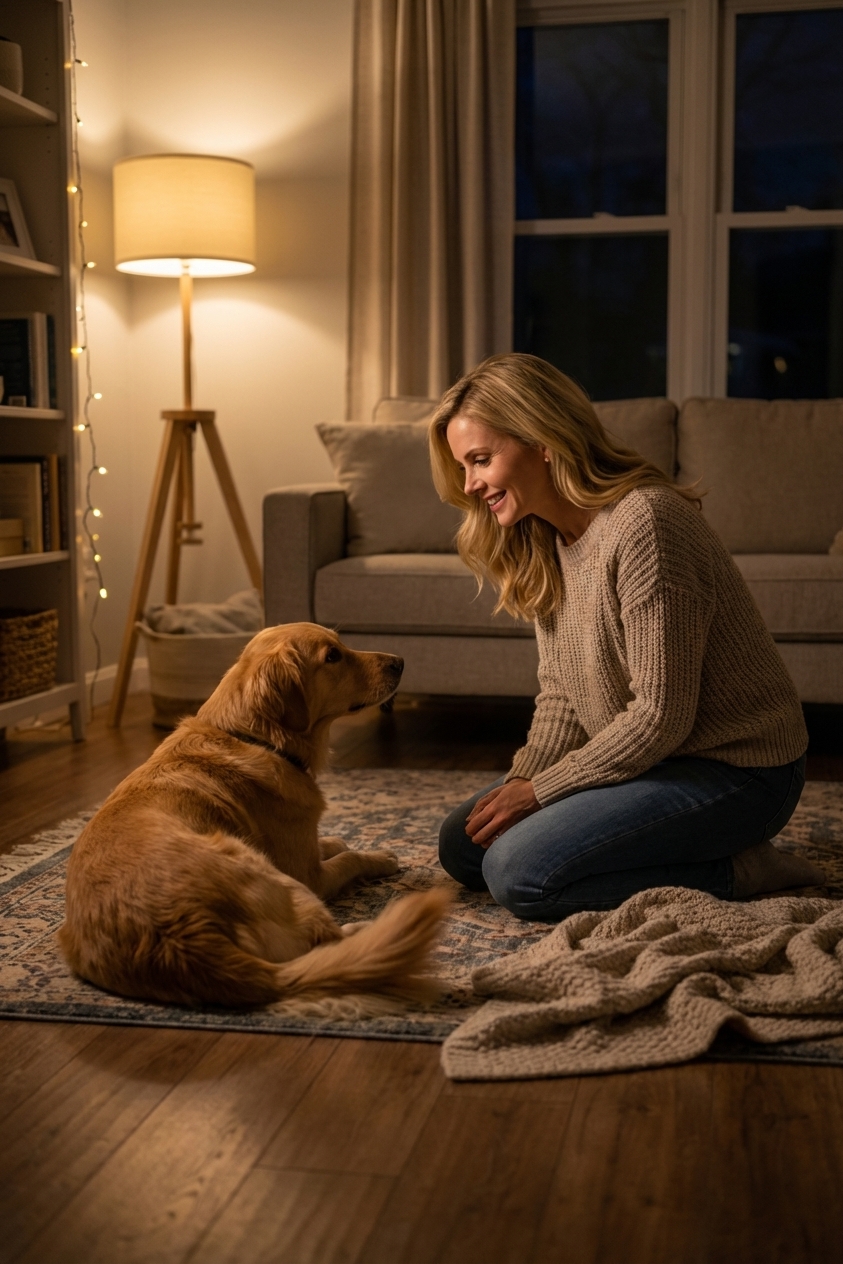A dog lying on a living room floor with a blanket nearby and a person kneeling at a safe distance, dim nighttime lighting, photorealistic
