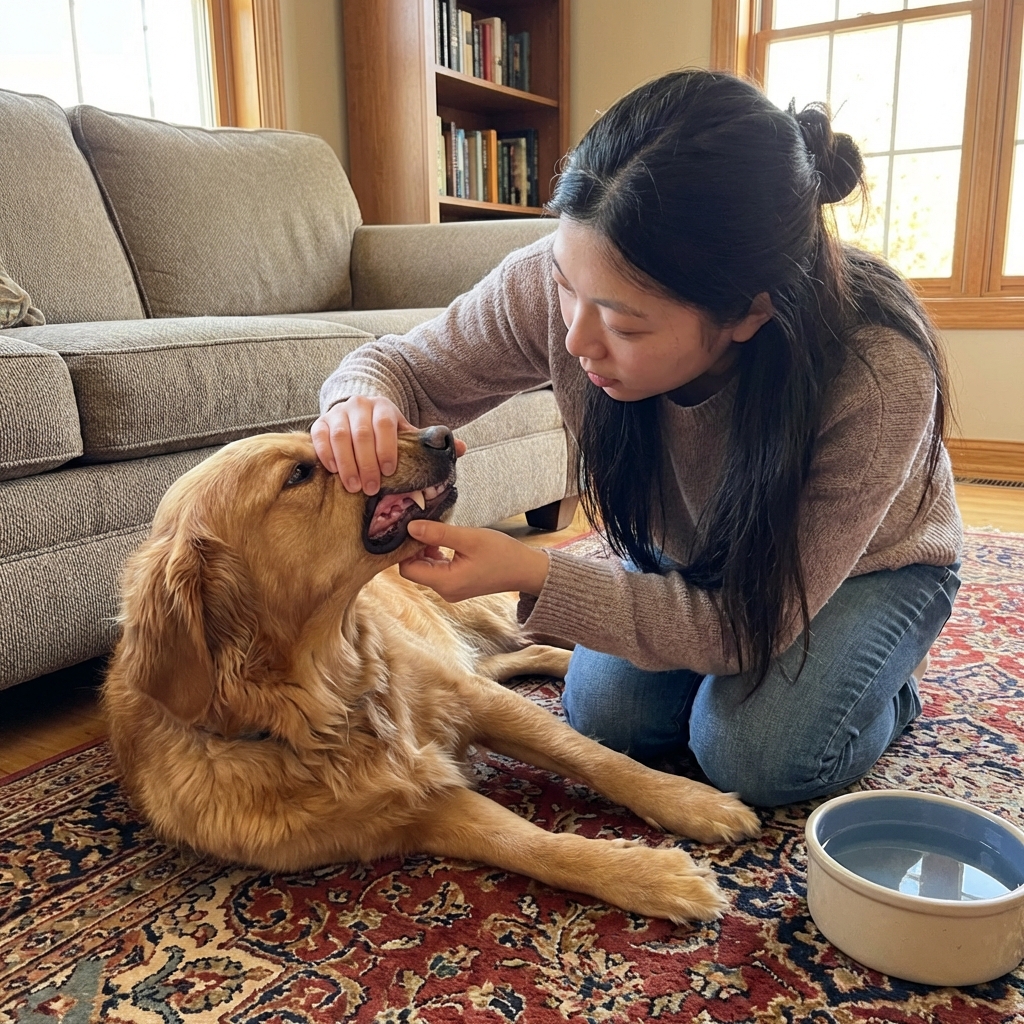 A dog lying on a living room rug while an owner gently checks the dog’s gums for hydration