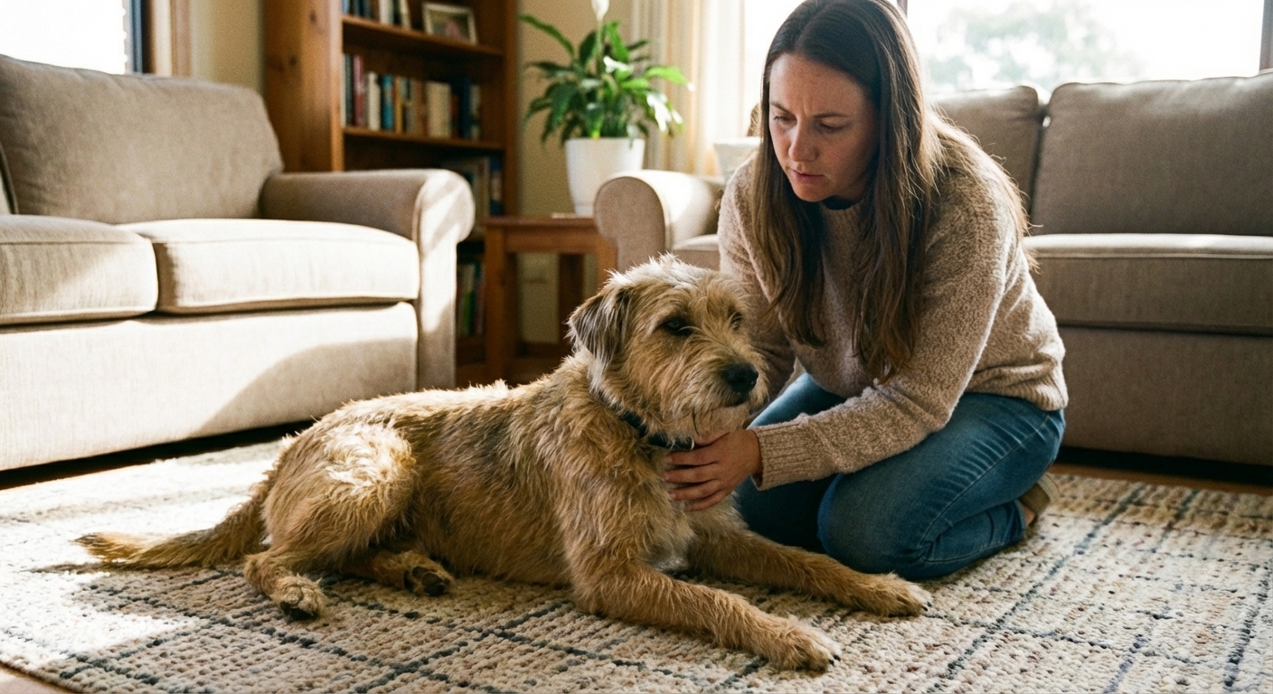 A dog lying on a living room rug with a concerned owner gently placing a hand on the dog’s shoulder