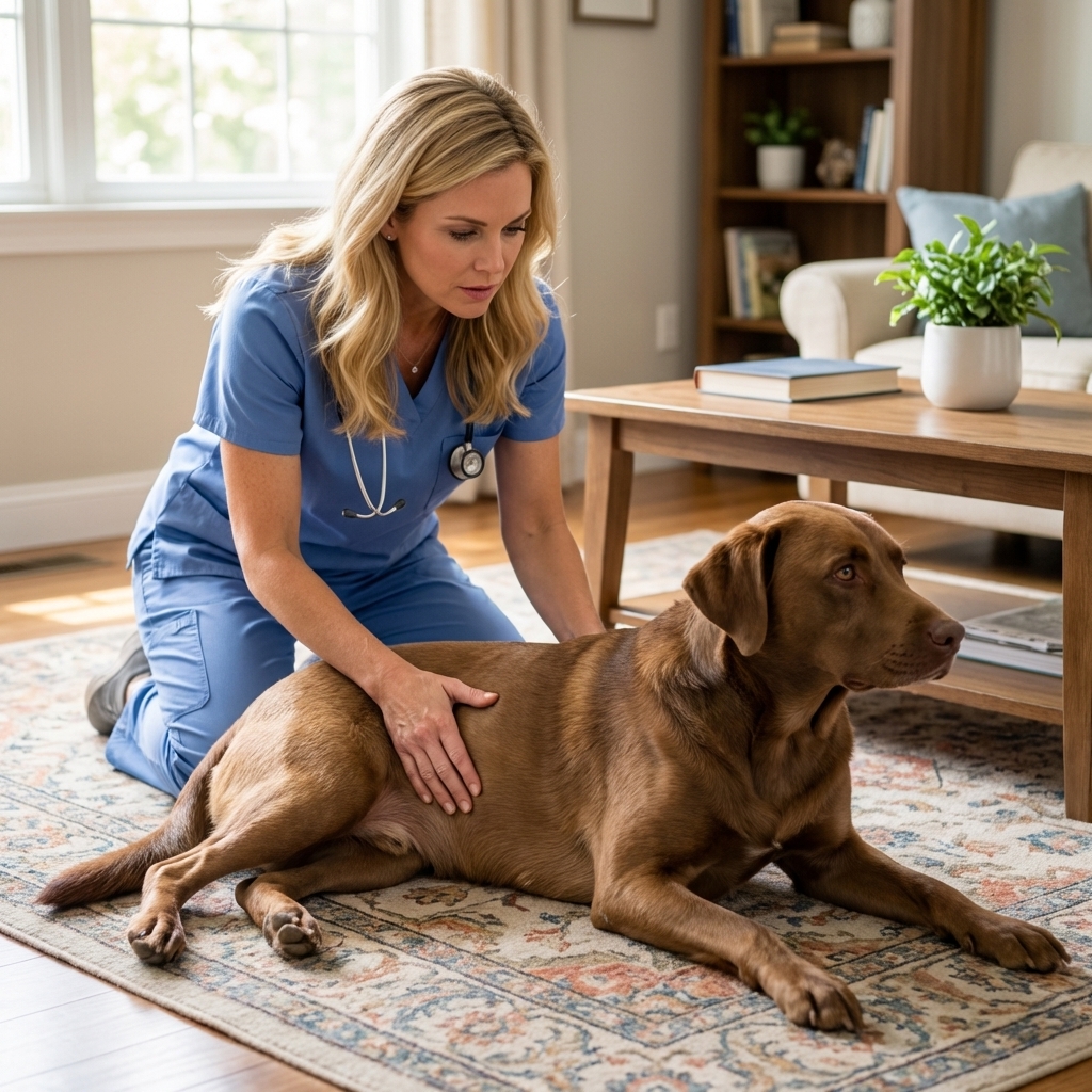 A dog lying on a living room rug with a tense posture while a veterinarian gently palpates the abdomen during an exam, natural indoor light, realistic clinical moment