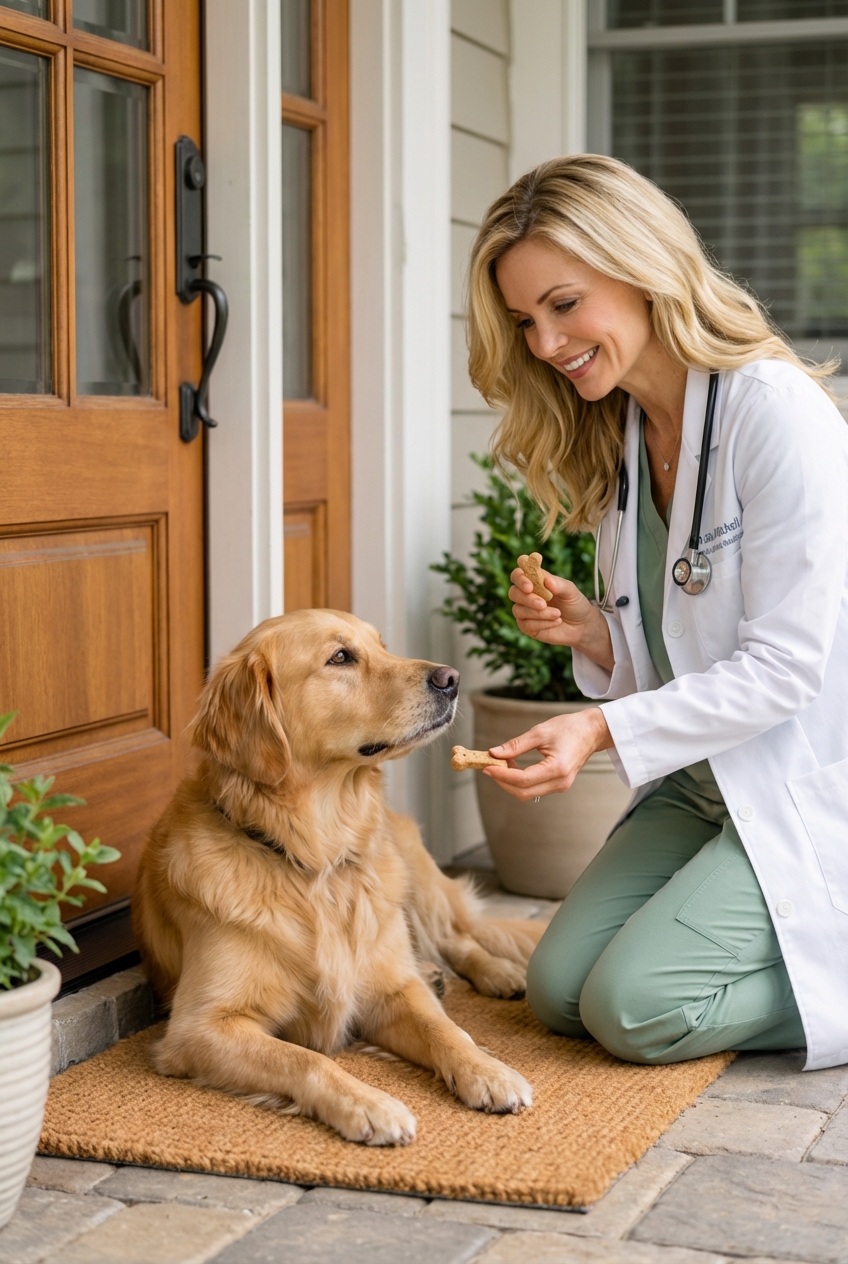 A dog lying on a mat a few feet from a front door while an adult holds a treat