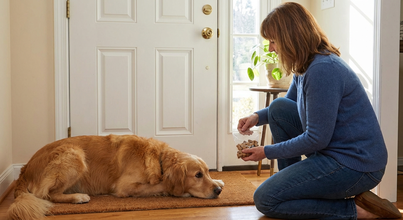 A dog lying on a mat a few feet from the front door while an owner holds treats near the doorknob