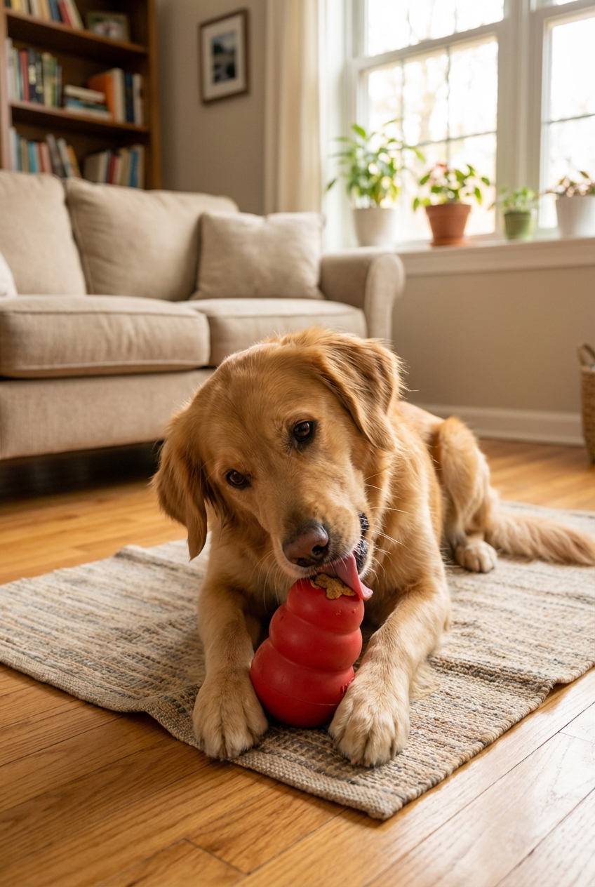 A dog lying on a mat in a living room licking a stuffed rubber food toy