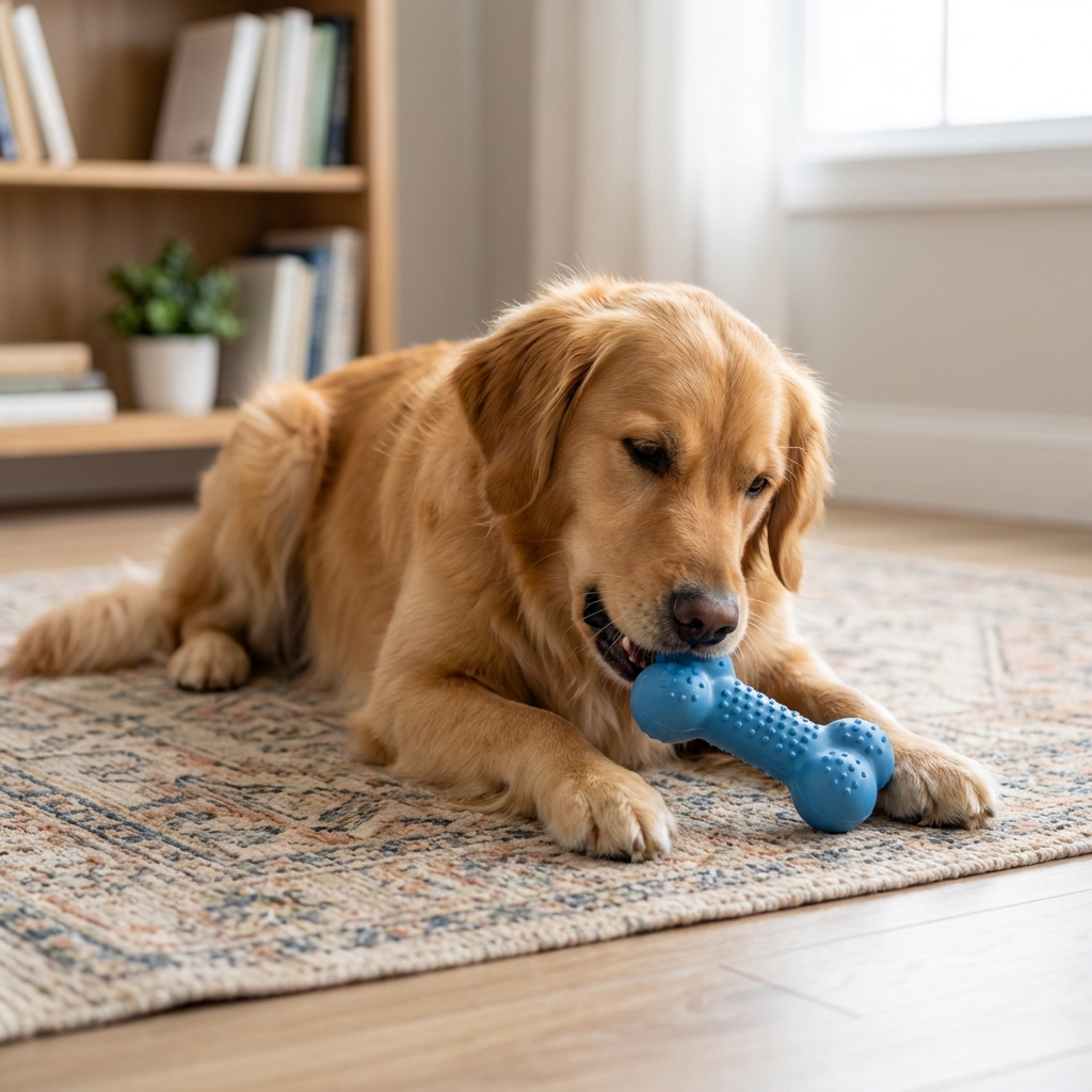A dog lying on a mat indoors chewing a stuffed food puzzle toy