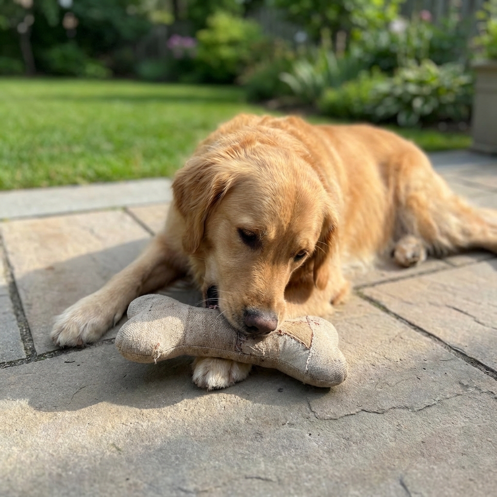 A dog lying on a patio chewing a stuffed food toy while the yard is visible in the background