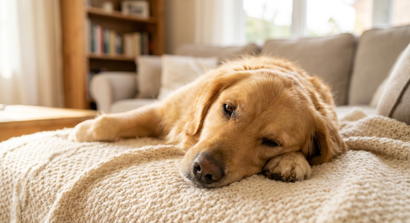 A dog lying on a soft blanket at home with one eye slightly shifted to the side while resting