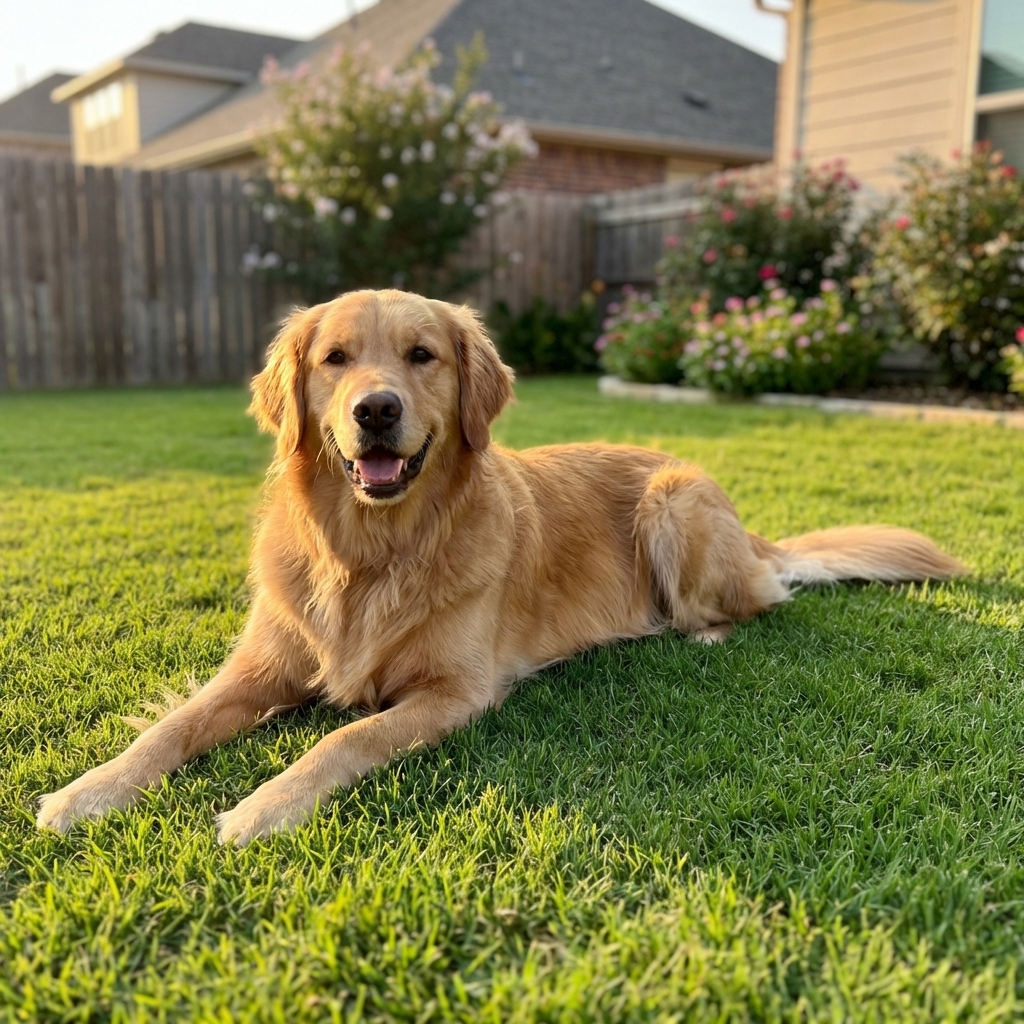 A dog lying on green grass in a backyard with its belly and paws touching the lawn, warm afternoon light, photorealistic